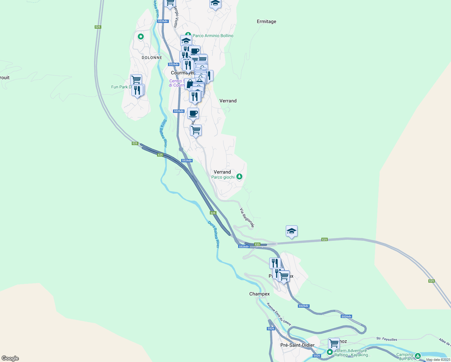 map of restaurants, bars, coffee shops, grocery stores, and more near 7 Route de Verrand in Verrand