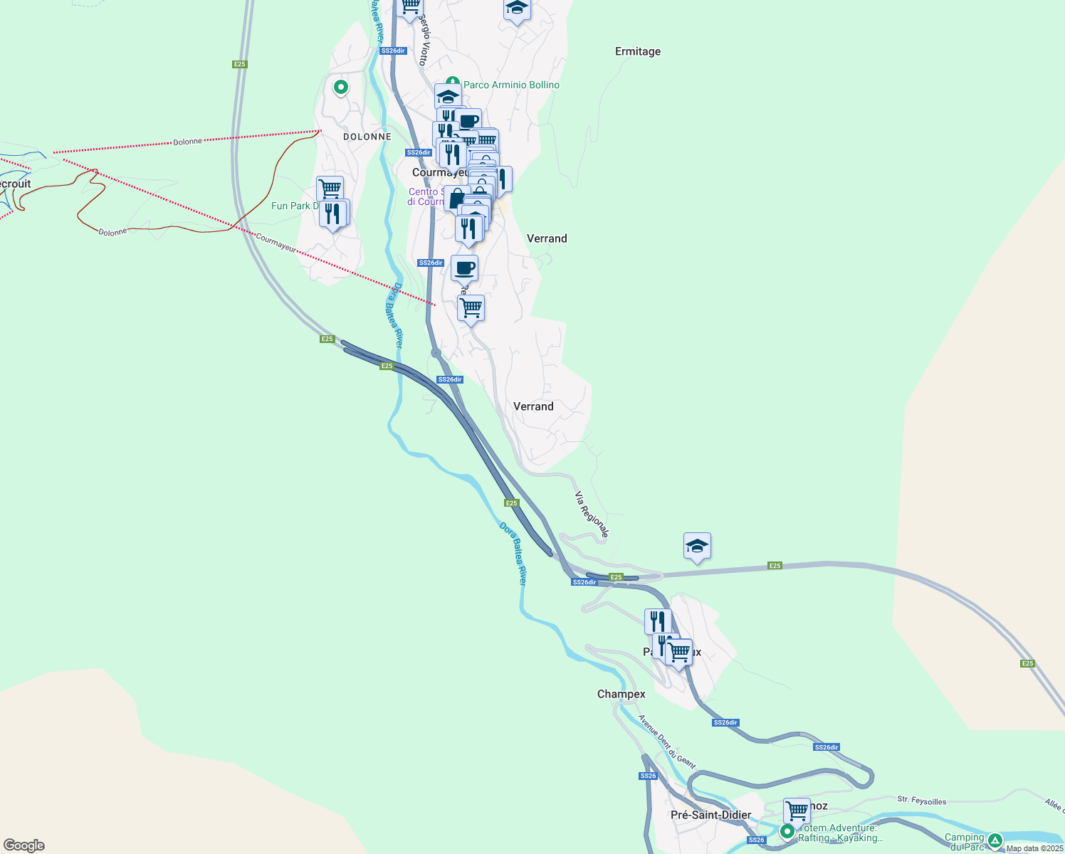 map of restaurants, bars, coffee shops, grocery stores, and more near 7 Route de Verrand in Verrand