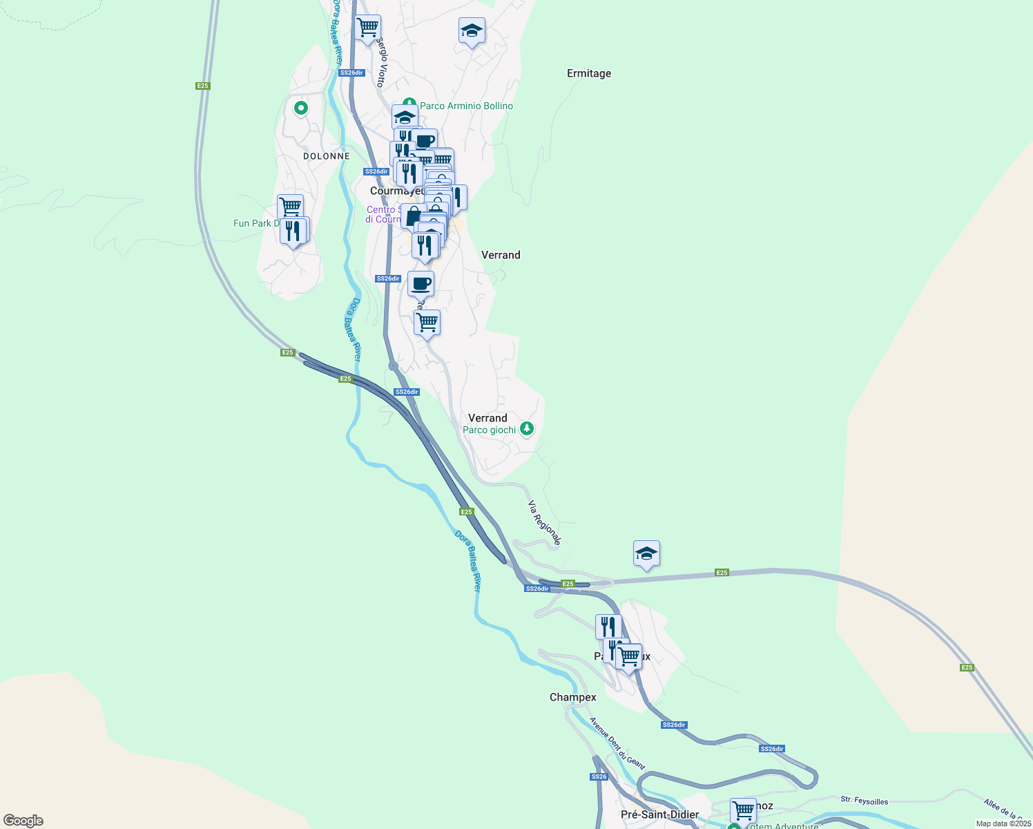 map of restaurants, bars, coffee shops, grocery stores, and more near 7 Route de Verrand in Verrand