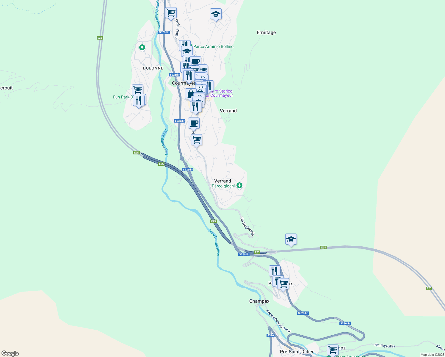 map of restaurants, bars, coffee shops, grocery stores, and more near 23 Route de Verrand in Verrand