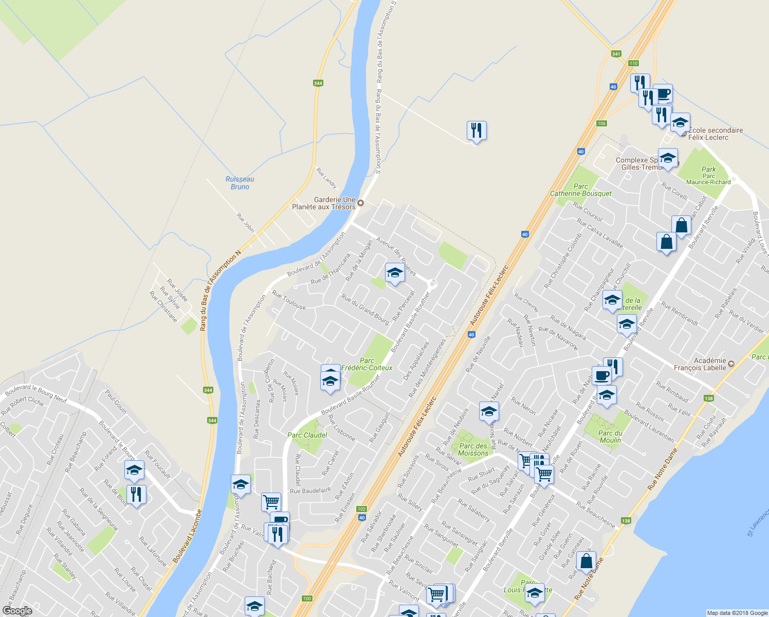 map of restaurants, bars, coffee shops, grocery stores, and more near 1505 Rue Lancelot in Repentigny