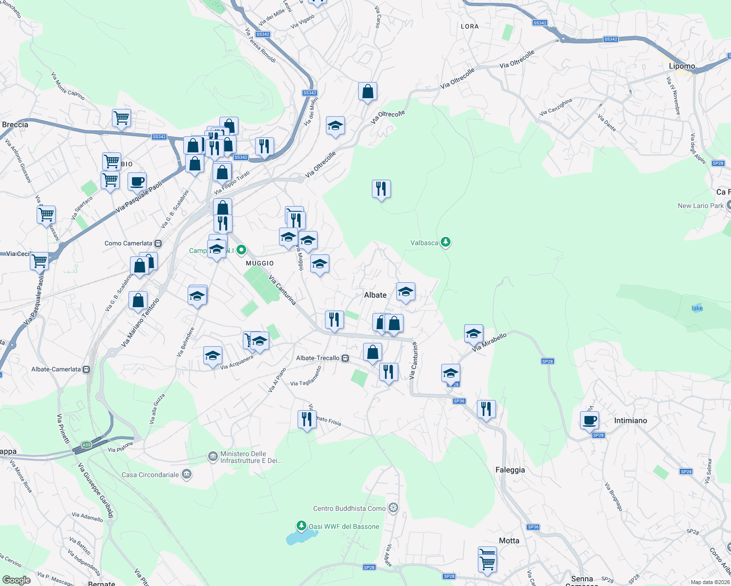 map of restaurants, bars, coffee shops, grocery stores, and more near 35 Via Sant'Antonino in Como