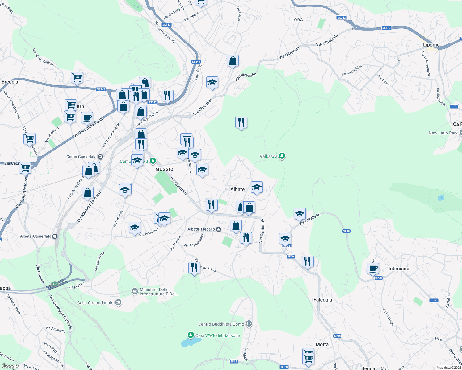 map of restaurants, bars, coffee shops, grocery stores, and more near 35 Via Sant'Antonino in Como