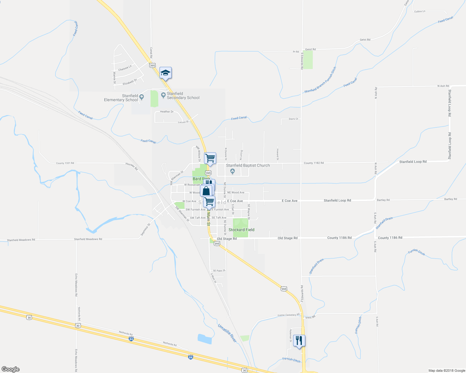 map of restaurants, bars, coffee shops, grocery stores, and more near N Earl St in Stanfield