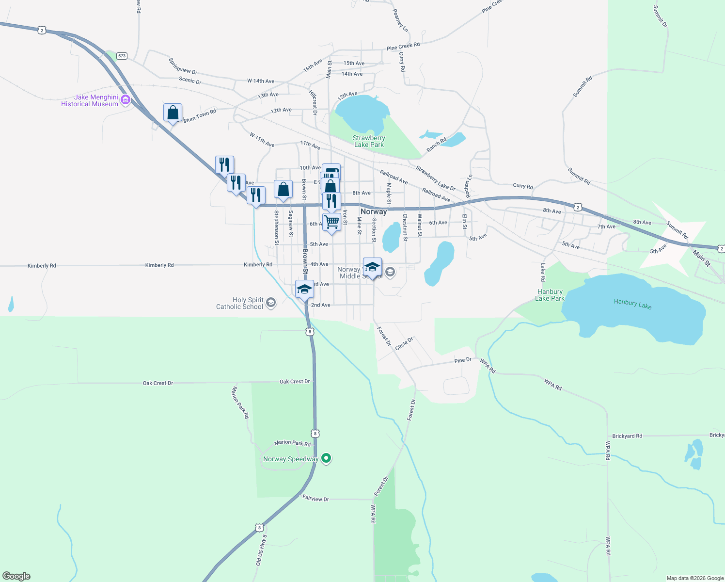 map of restaurants, bars, coffee shops, grocery stores, and more near 220 Mine St in Norway