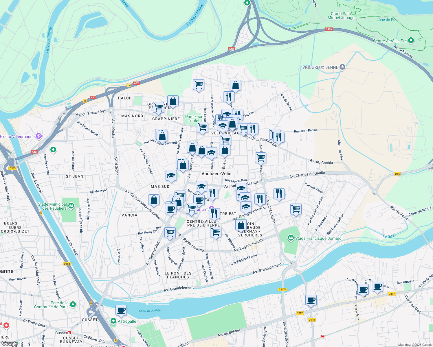 map of restaurants, bars, coffee shops, grocery stores, and more near in Vaulx-en-Velin