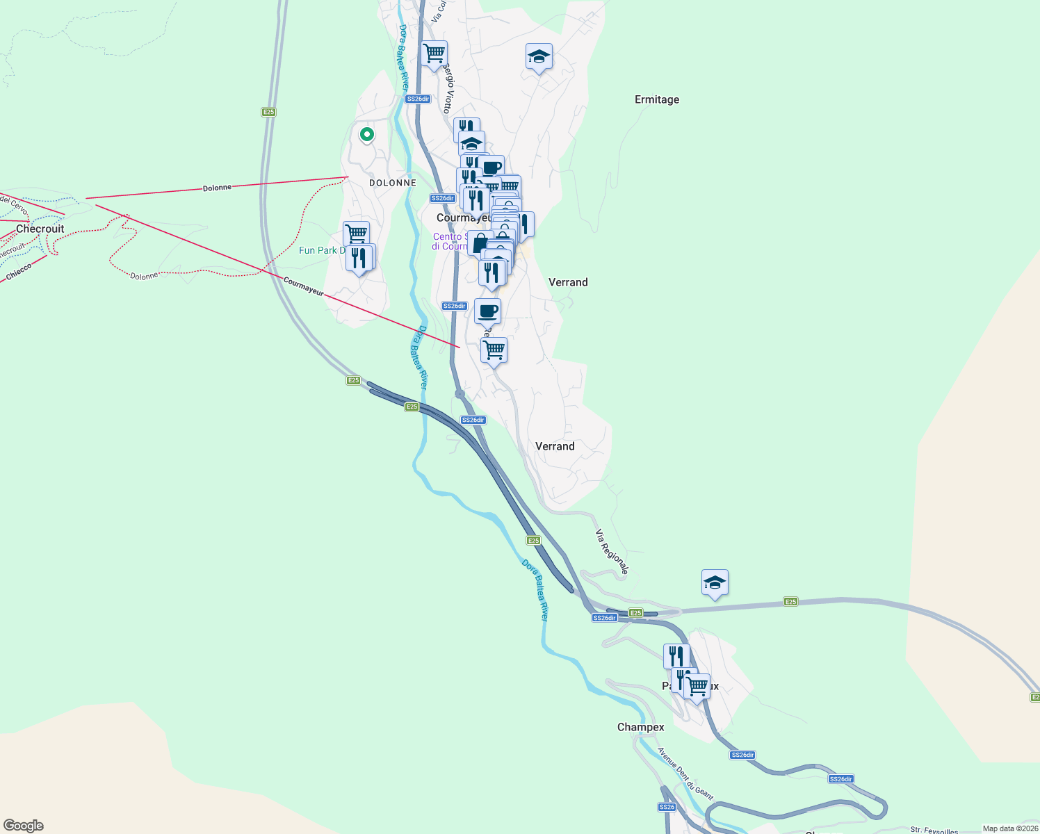 map of restaurants, bars, coffee shops, grocery stores, and more near 81 Via Regionale in Courmayeur