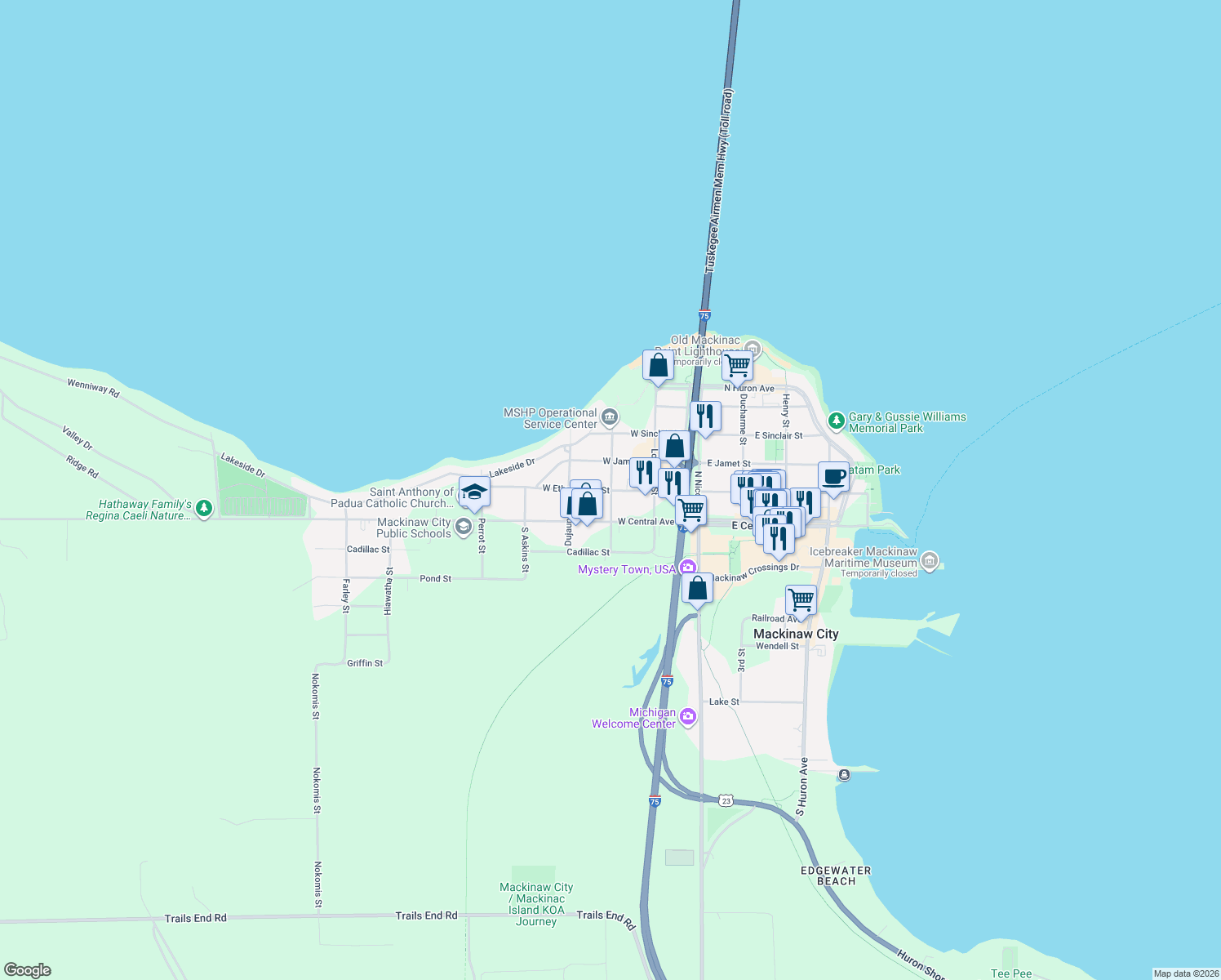 map of restaurants, bars, coffee shops, grocery stores, and more near 300 West Etherington Street in Mackinaw City