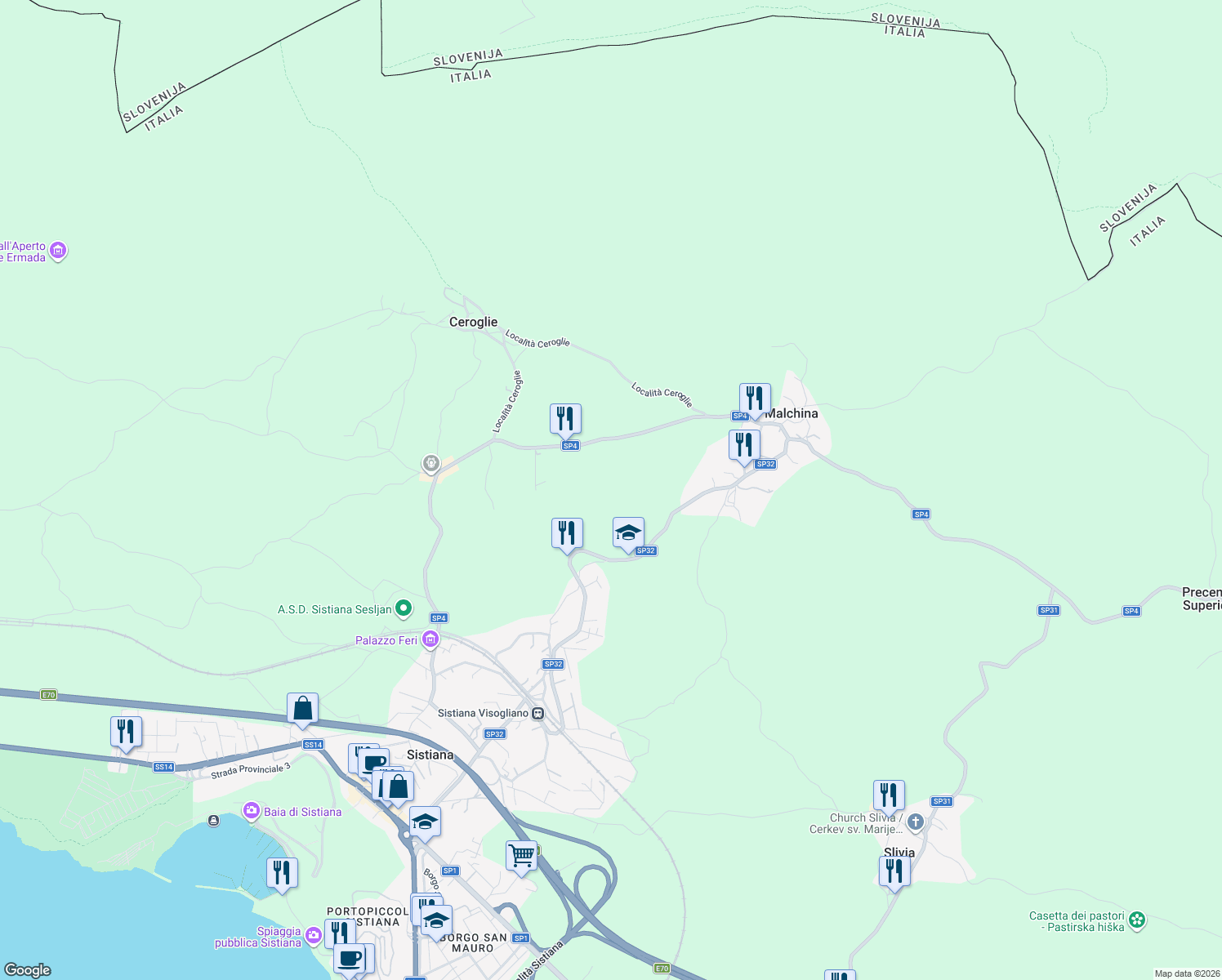map of restaurants, bars, coffee shops, grocery stores, and more near in Province of Trieste