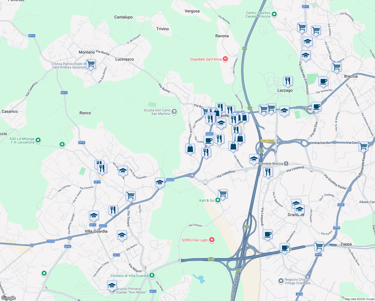 map of restaurants, bars, coffee shops, grocery stores, and more near 26 Via Giuseppe Mazzini in Lucino