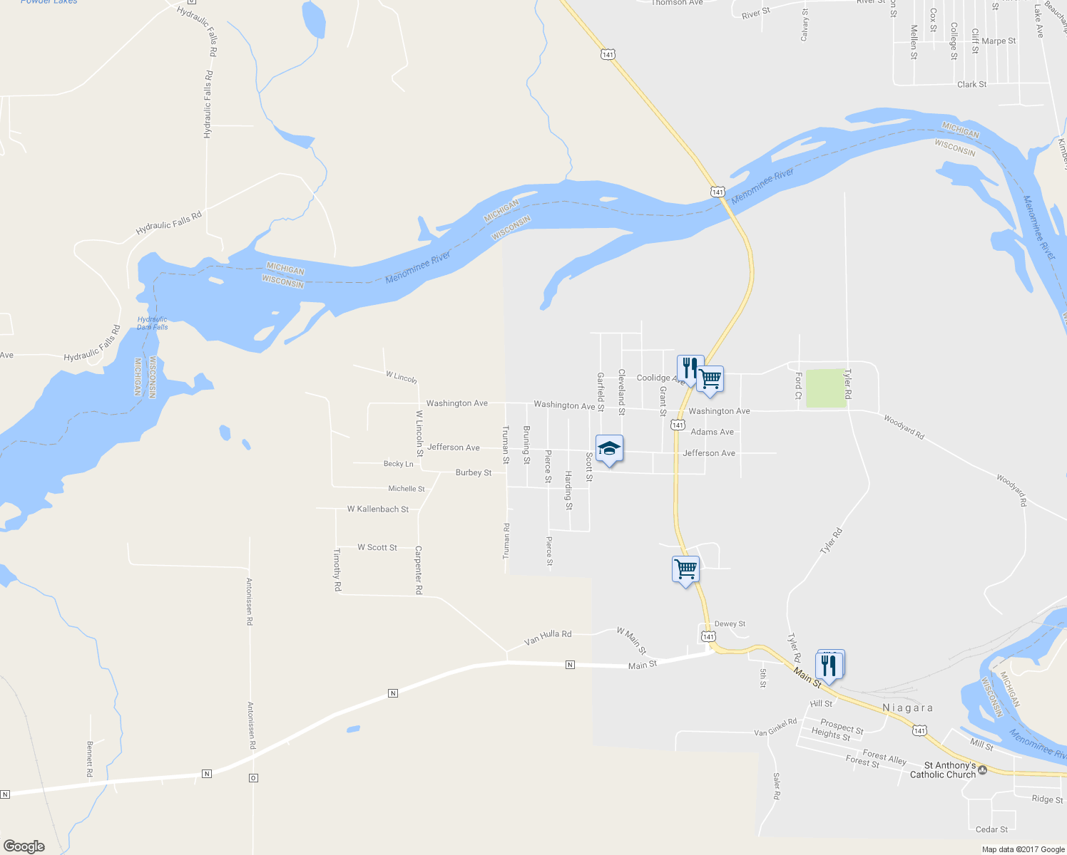 map of restaurants, bars, coffee shops, grocery stores, and more near 1106 Bruning Street in Niagara