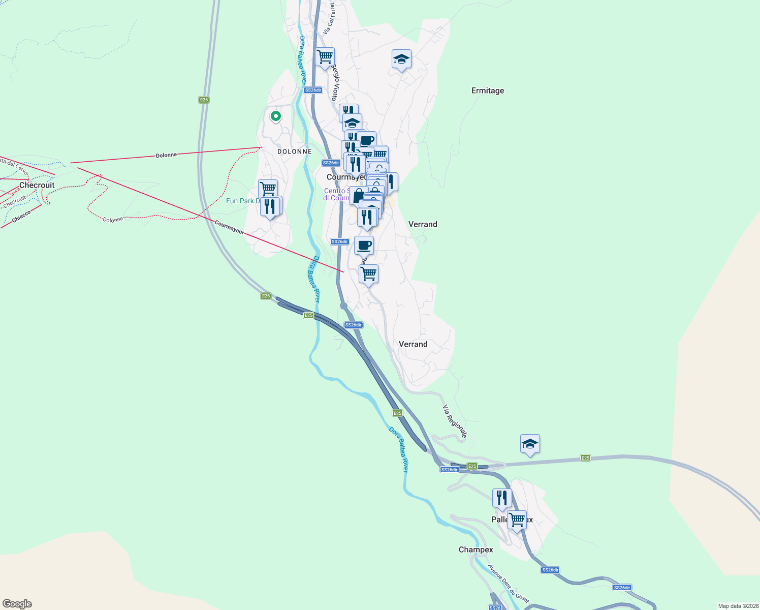 map of restaurants, bars, coffee shops, grocery stores, and more near 81 Via Regionale in Courmayeur