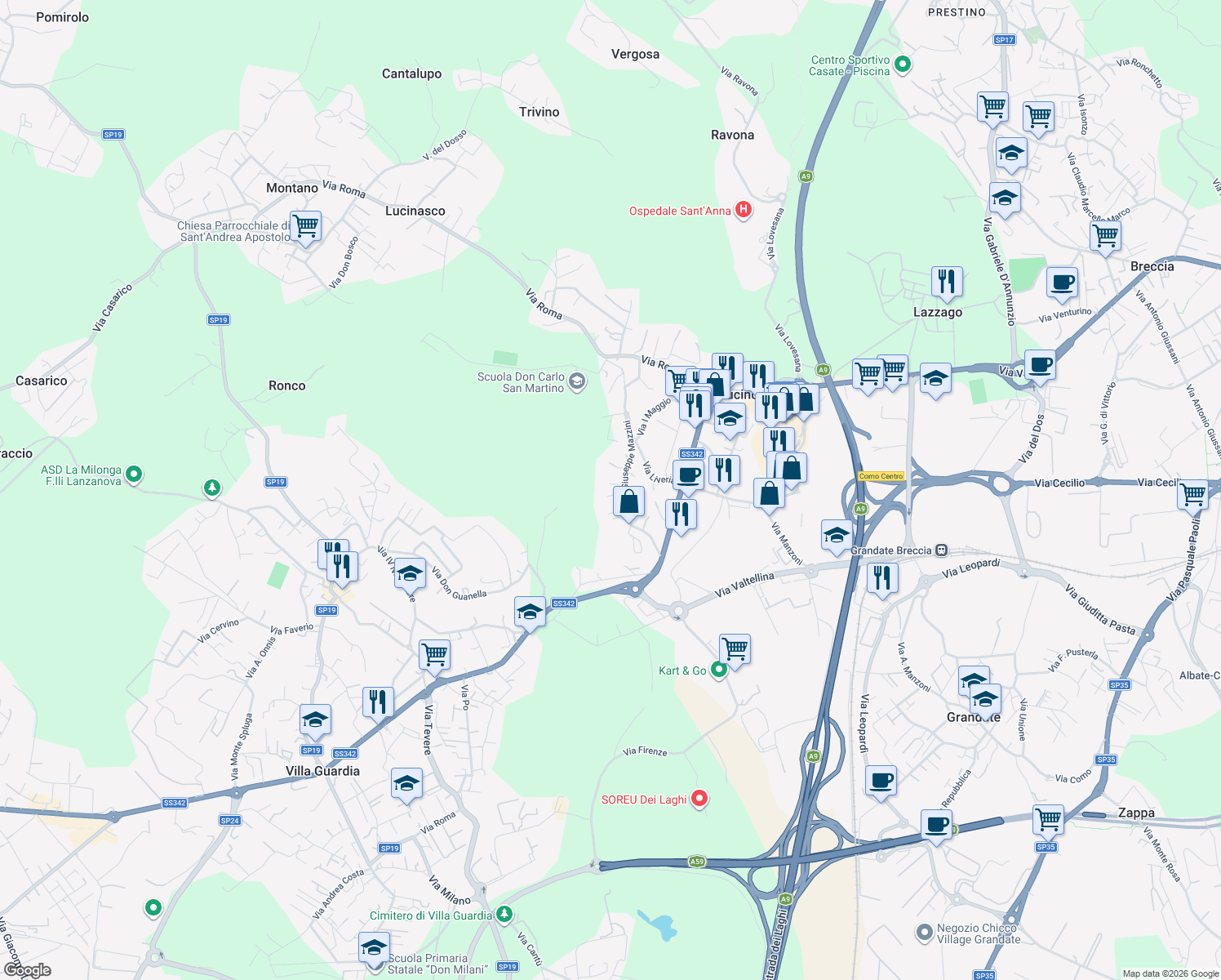 map of restaurants, bars, coffee shops, grocery stores, and more near 26 Via Giuseppe Mazzini in Lucino