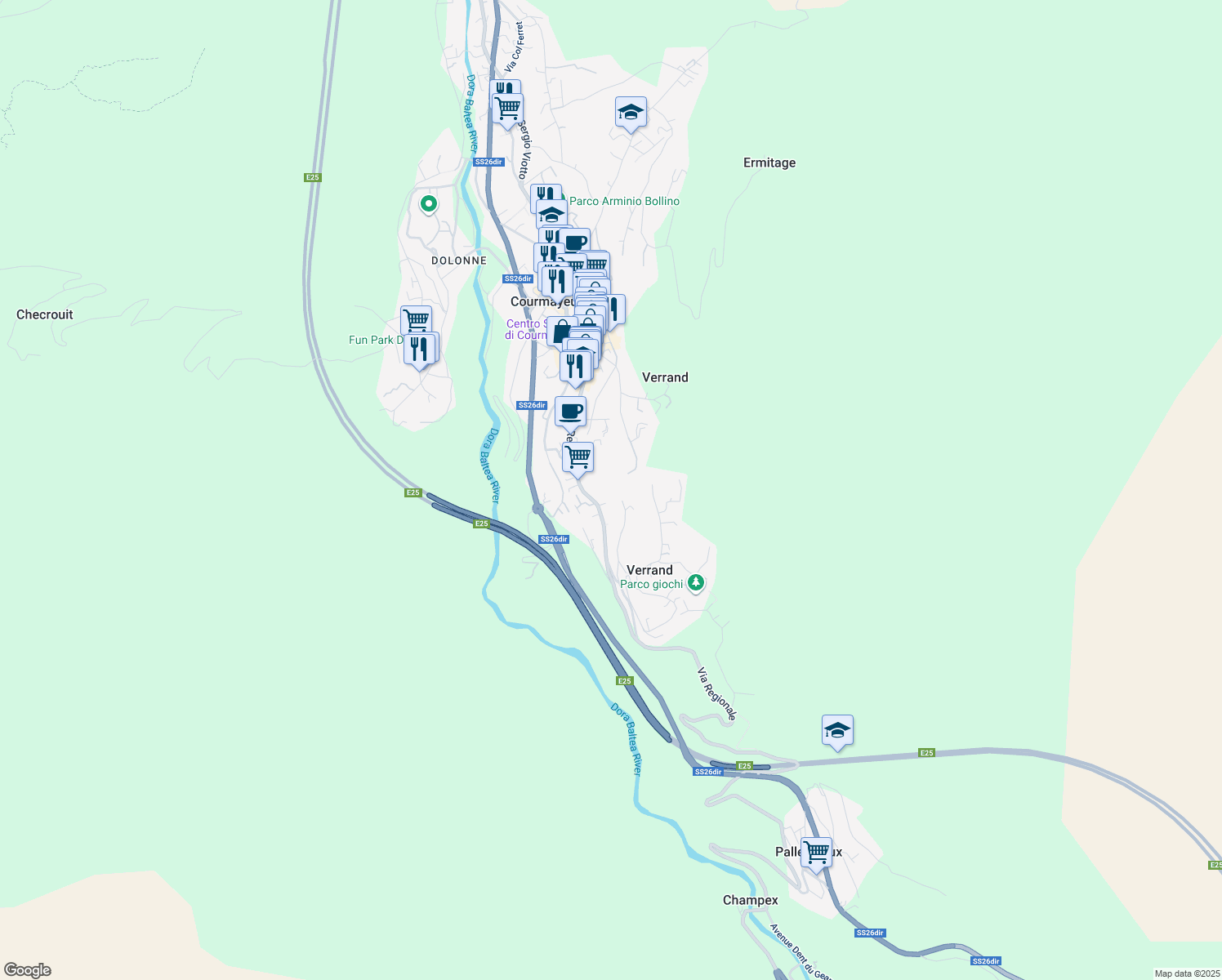 map of restaurants, bars, coffee shops, grocery stores, and more near 45 Via Donzelli in Courmayeur