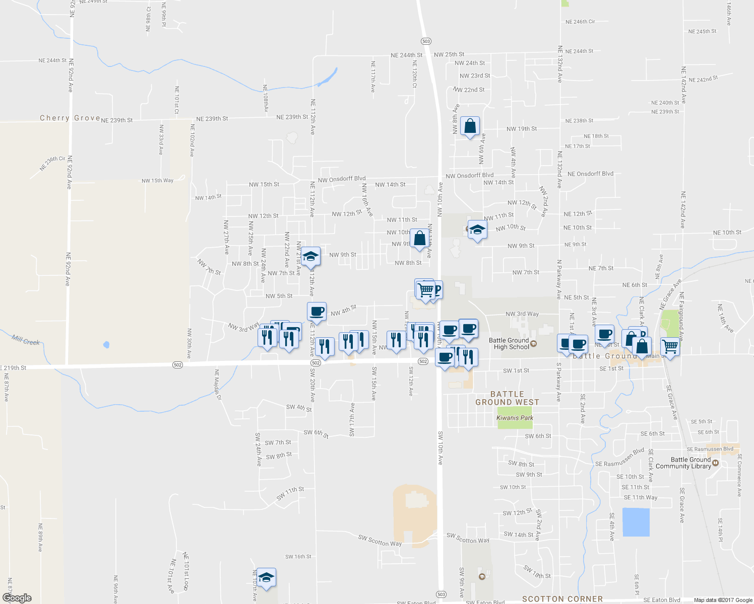 map of restaurants, bars, coffee shops, grocery stores, and more near 1408 Northwest 4th Street in Battle Ground