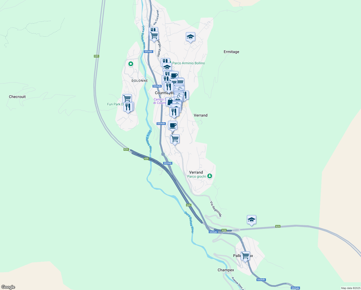 map of restaurants, bars, coffee shops, grocery stores, and more near 25 Via Les Golettes in Courmayeur