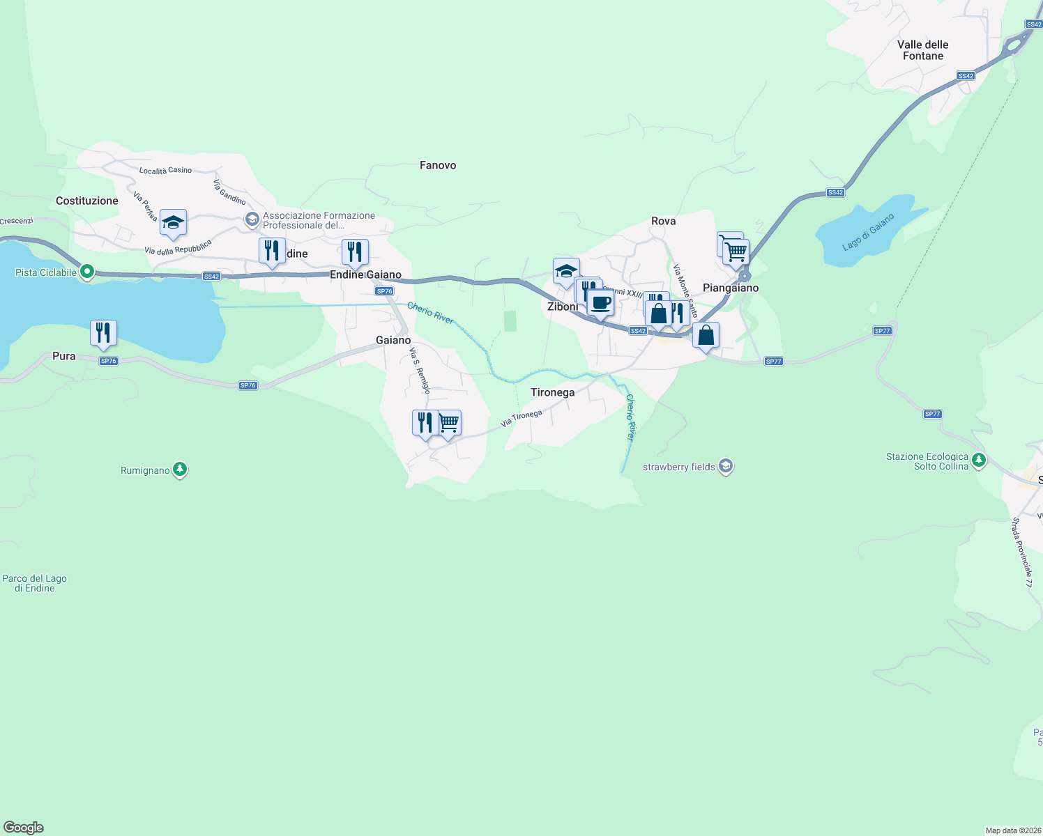 map of restaurants, bars, coffee shops, grocery stores, and more near 12 Via Tironega in Piangaiano