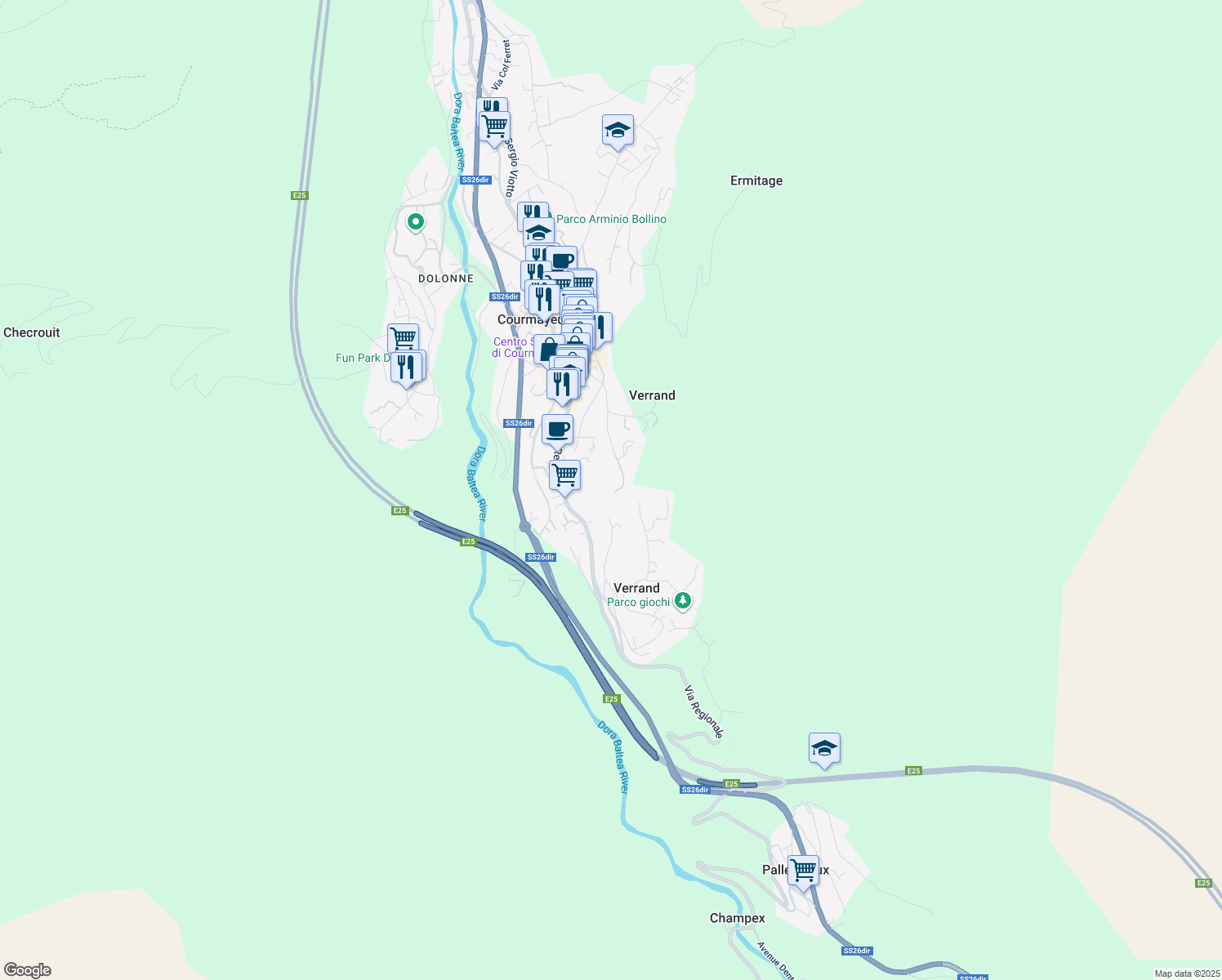 map of restaurants, bars, coffee shops, grocery stores, and more near 45 Via Donzelli in Courmayeur