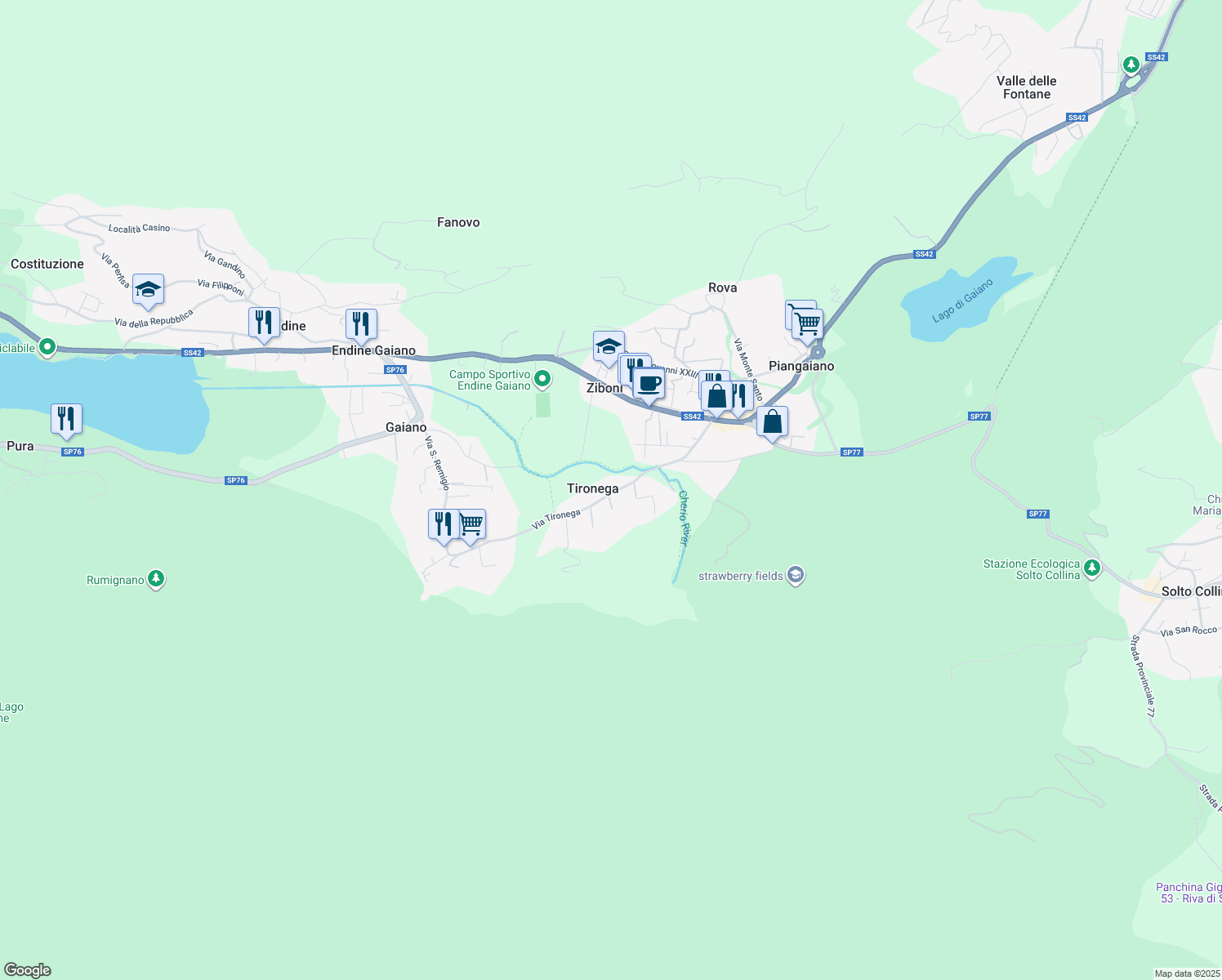 map of restaurants, bars, coffee shops, grocery stores, and more near 25 Via Tironega in Piangaiano