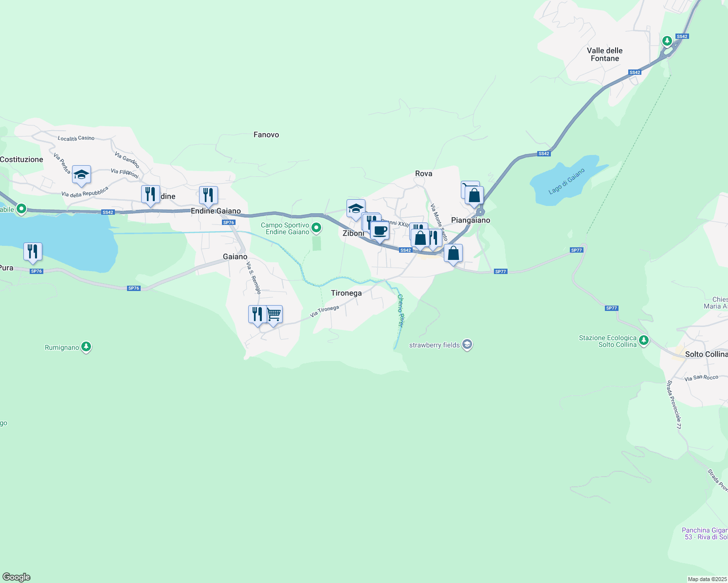 map of restaurants, bars, coffee shops, grocery stores, and more near 25 Via Tironega in Piangaiano