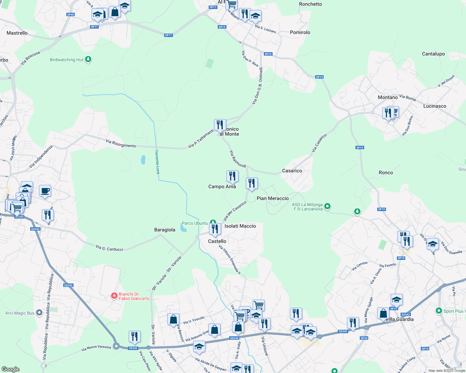 map of restaurants, bars, coffee shops, grocery stores, and more near 3 Via Campo Amà in Provincia di Como