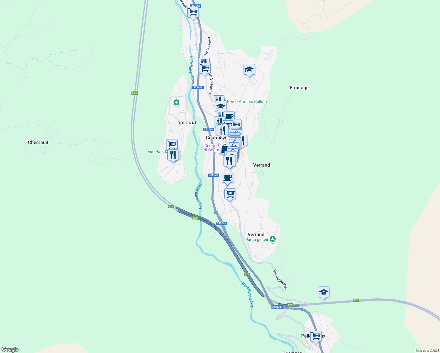 map of restaurants, bars, coffee shops, grocery stores, and more near 3B Strada delle Volpi in Courmayeur