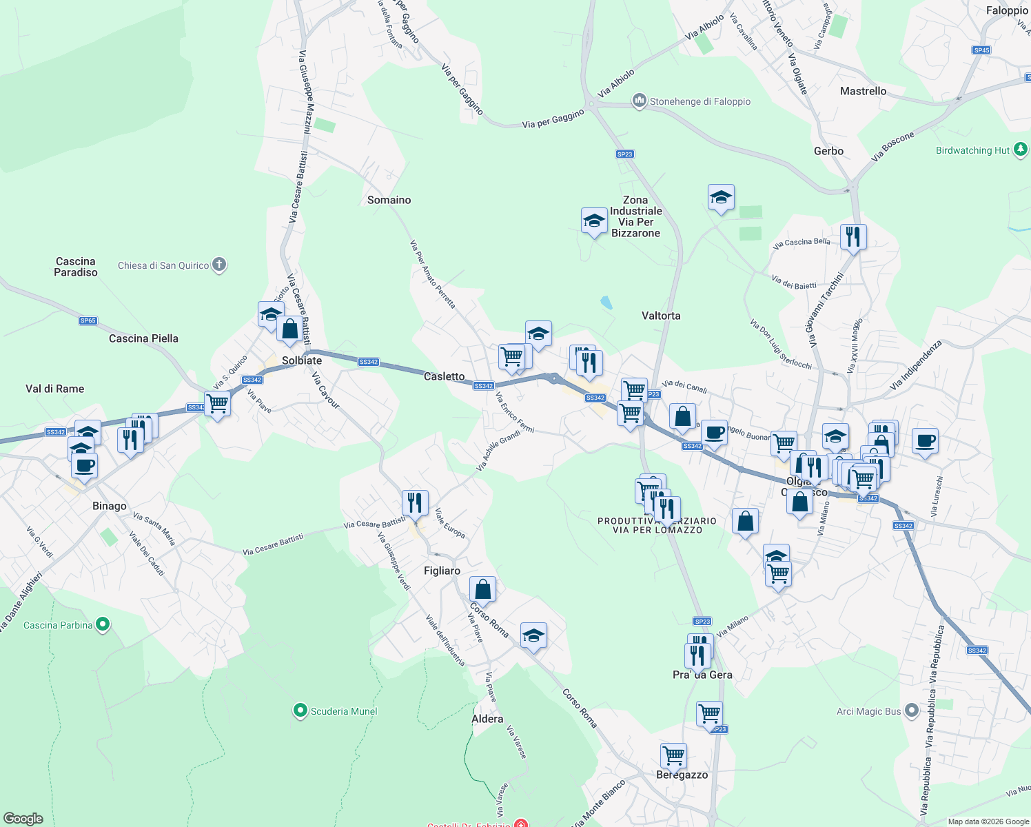 map of restaurants, bars, coffee shops, grocery stores, and more near 21 Via Liancourt in Olgiate Comasco