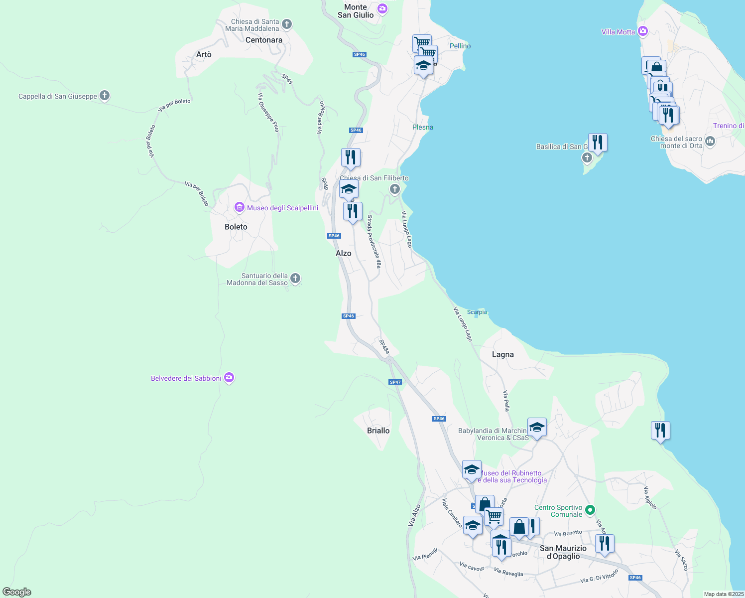 map of restaurants, bars, coffee shops, grocery stores, and more near 123 Via Pietro Durio in Alzo