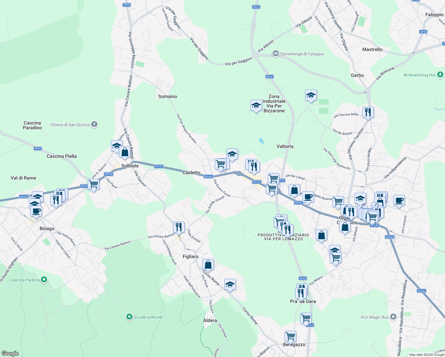 map of restaurants, bars, coffee shops, grocery stores, and more near 21 Via Liancourt in Olgiate Comasco
