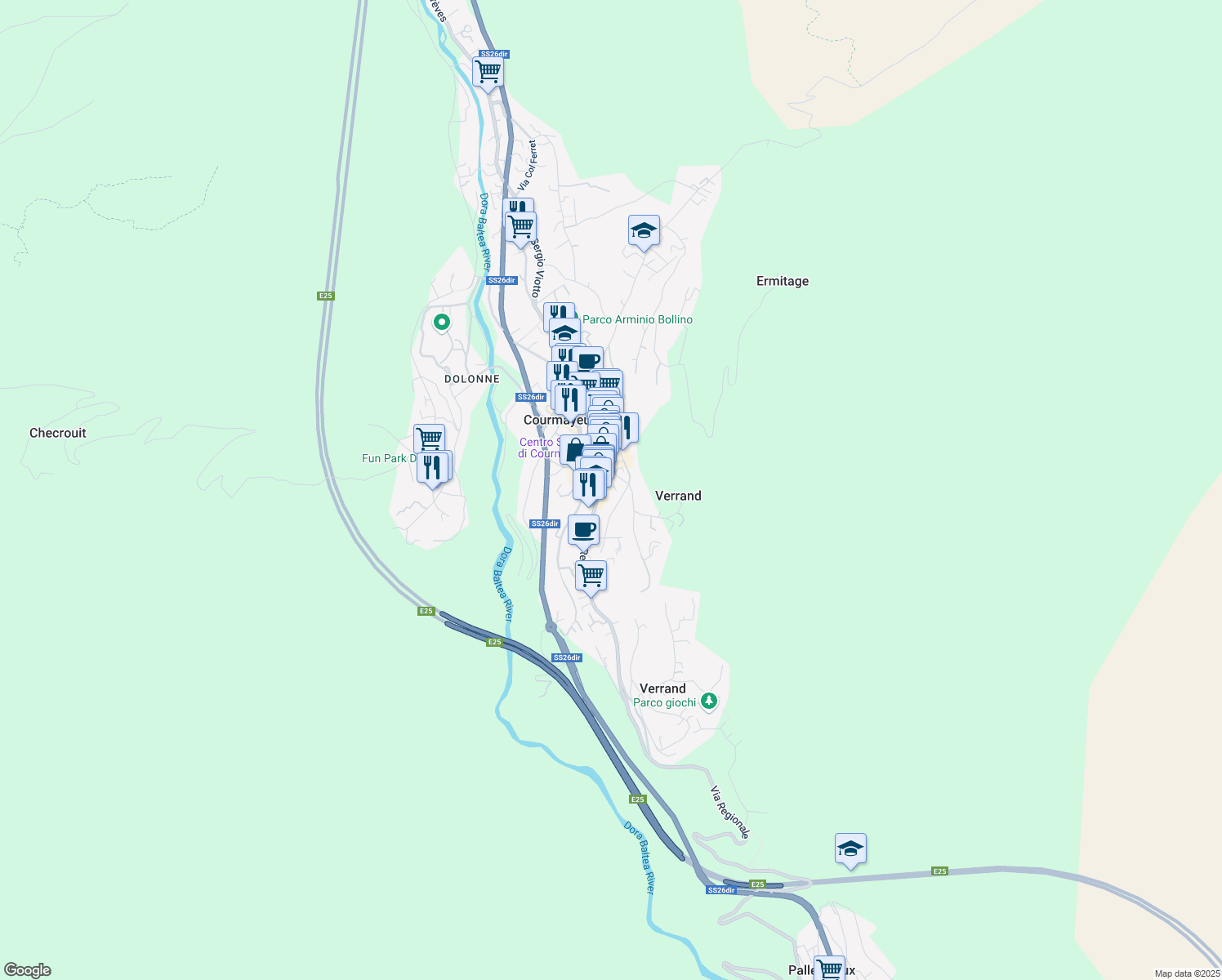 map of restaurants, bars, coffee shops, grocery stores, and more near 132 Via Roma in Courmayeur