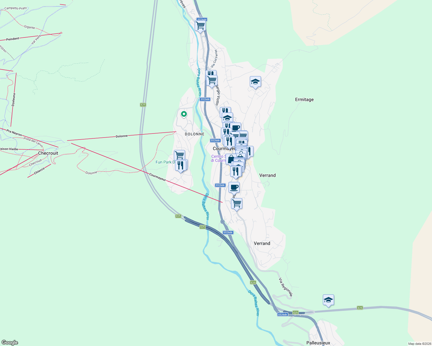 map of restaurants, bars, coffee shops, grocery stores, and more near 19 Strada Margherita in Courmayeur