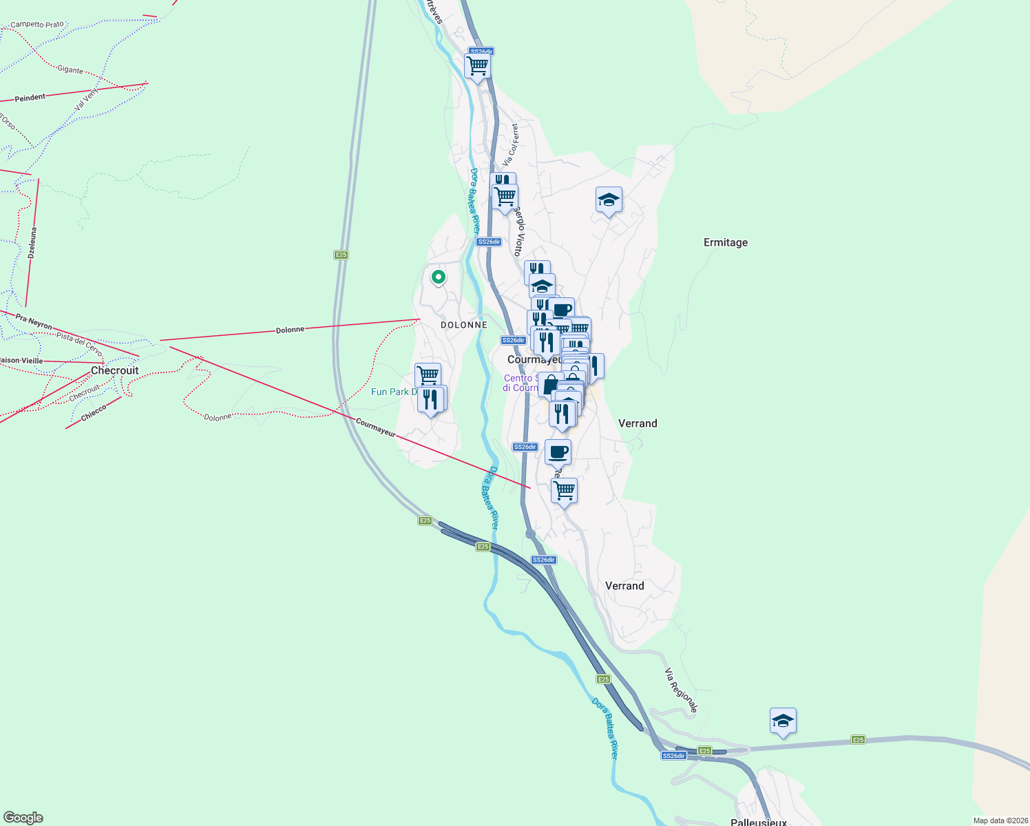map of restaurants, bars, coffee shops, grocery stores, and more near 19 Strada Margherita in Courmayeur