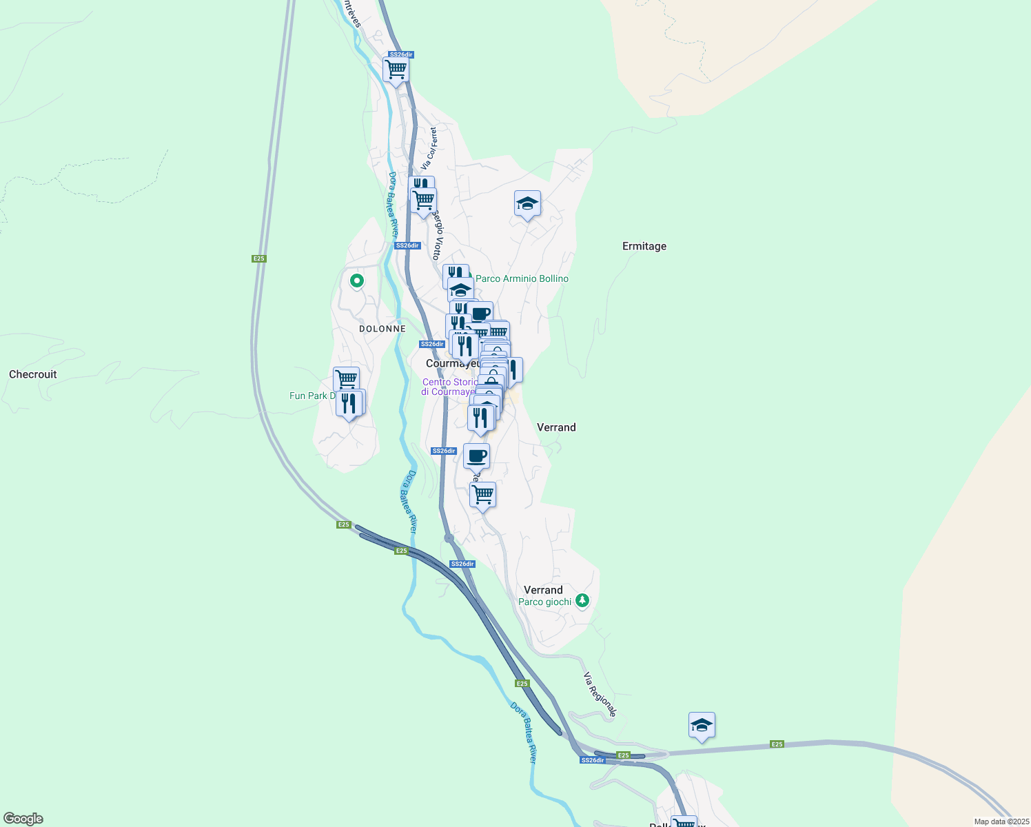 map of restaurants, bars, coffee shops, grocery stores, and more near 70 Via Guglielmo Marconi in Courmayeur