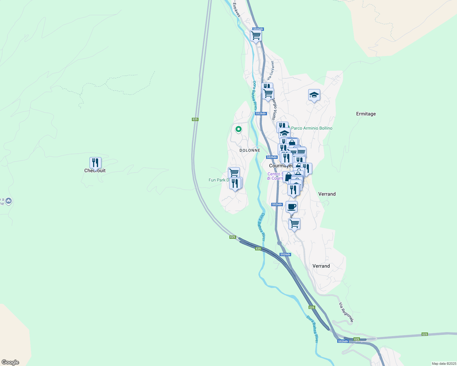 map of restaurants, bars, coffee shops, grocery stores, and more near 7 Strada Checrouit in Courmayeur