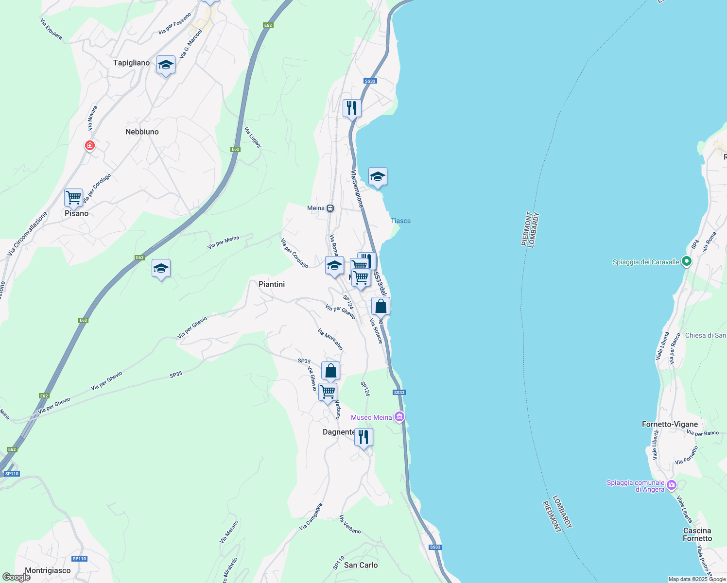 map of restaurants, bars, coffee shops, grocery stores, and more near 14 Piazza San Carlo in Meina