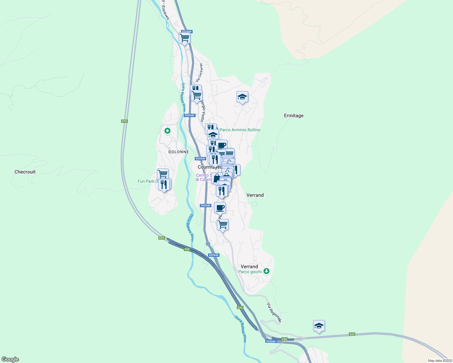map of restaurants, bars, coffee shops, grocery stores, and more near 132 Via Roma in Courmayeur