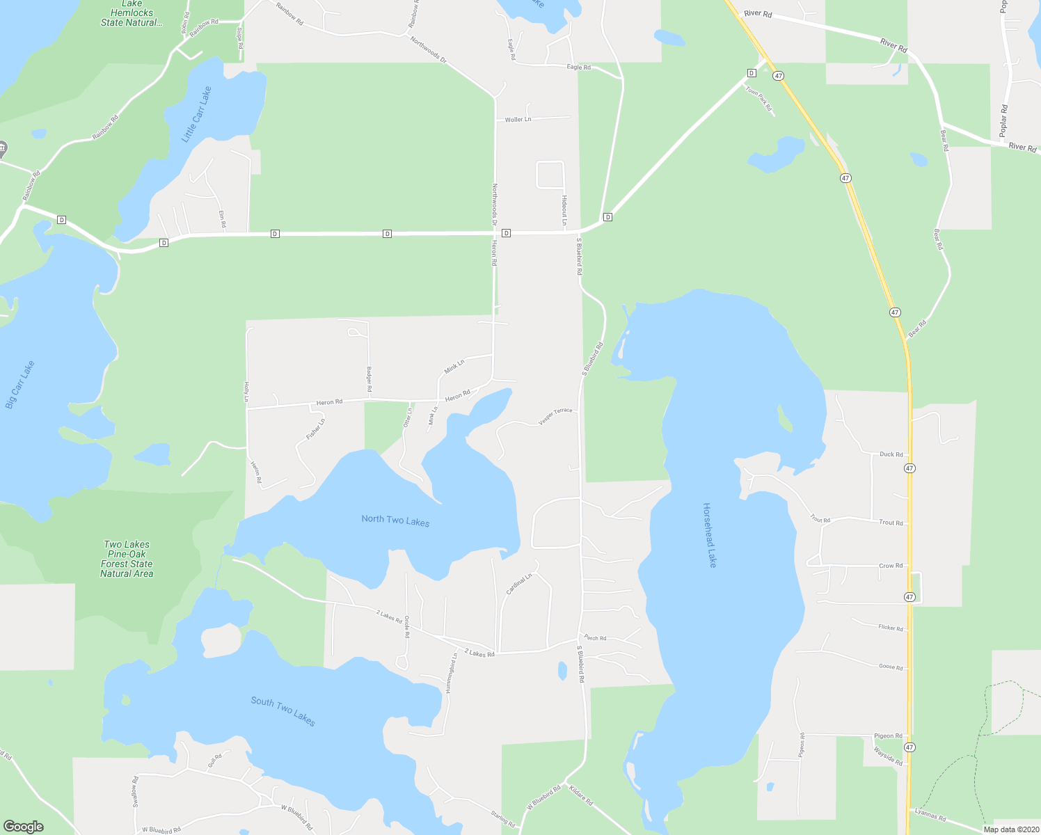 map of restaurants, bars, coffee shops, grocery stores, and more near 8008 Vesper Terrace in Lake Tomahawk