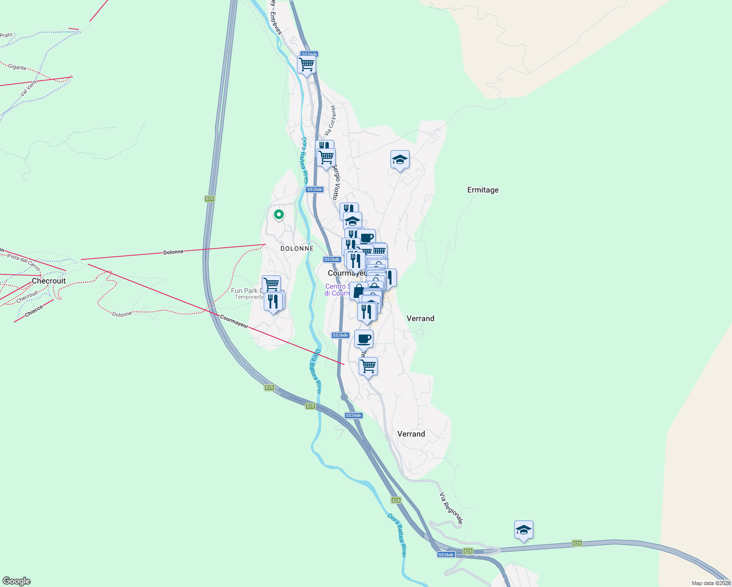 map of restaurants, bars, coffee shops, grocery stores, and more near 26 Via degli Anziani in Courmayeur