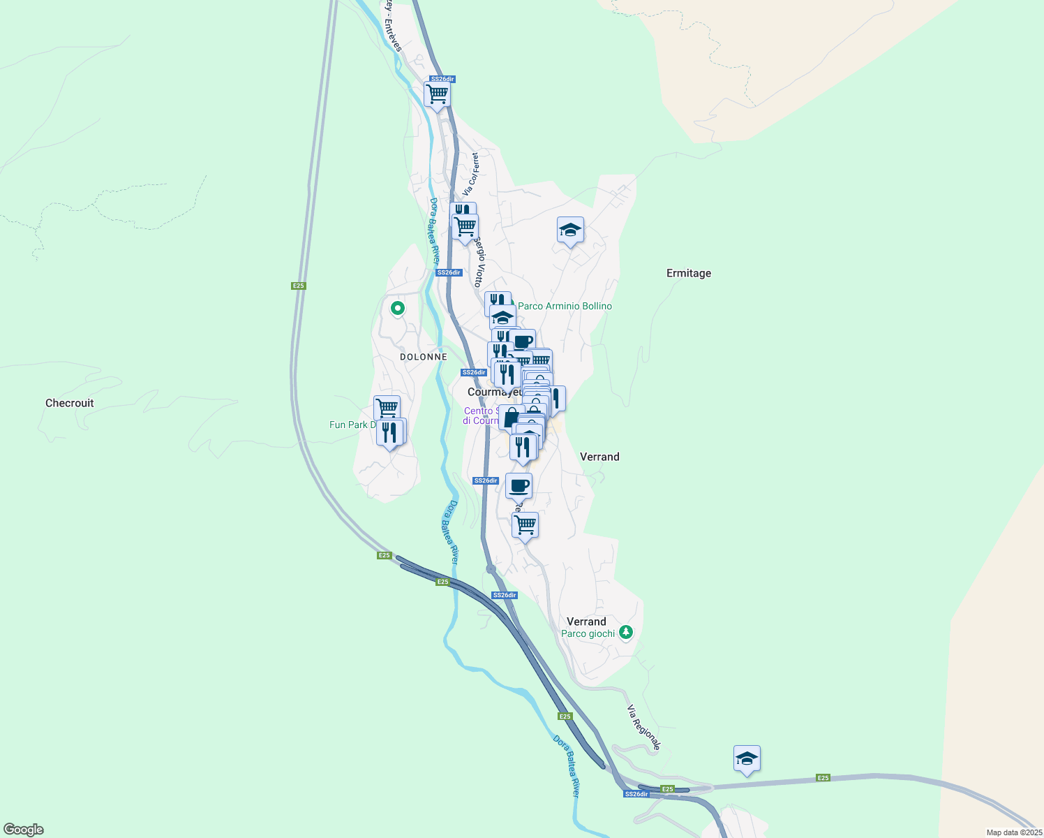 map of restaurants, bars, coffee shops, grocery stores, and more near Via Fanti Anziani in Courmayeur