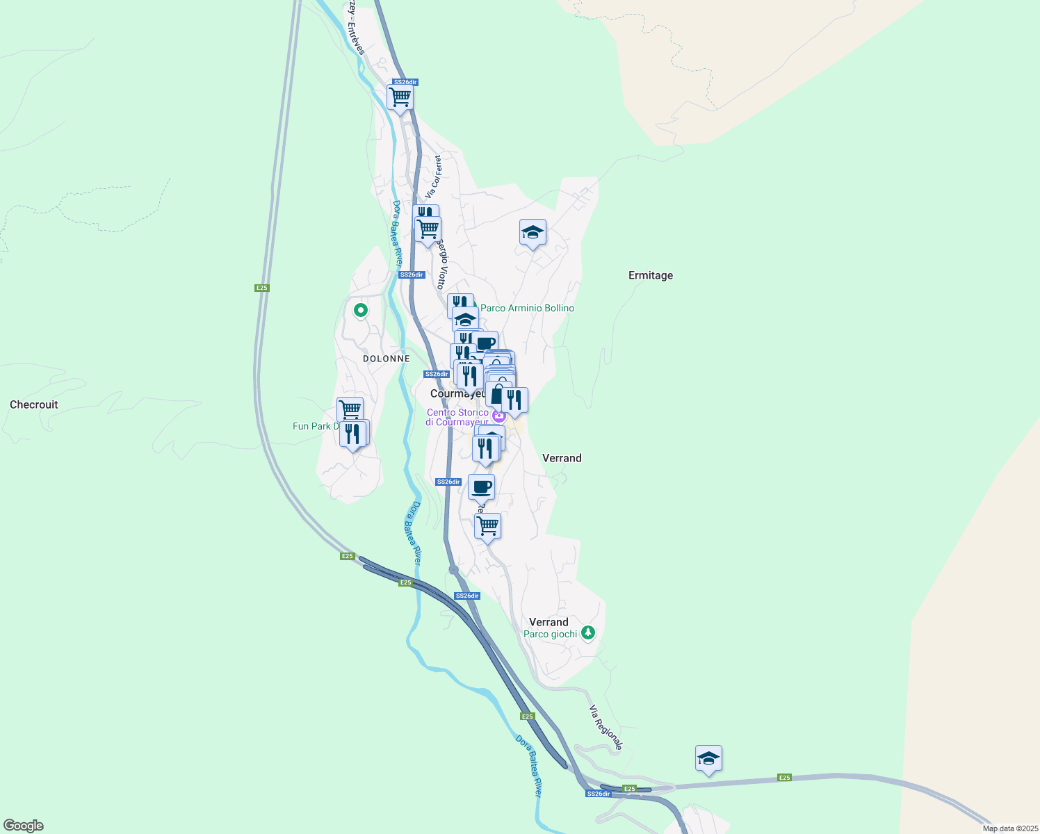 map of restaurants, bars, coffee shops, grocery stores, and more near 34 Via Guglielmo Marconi in Courmayeur