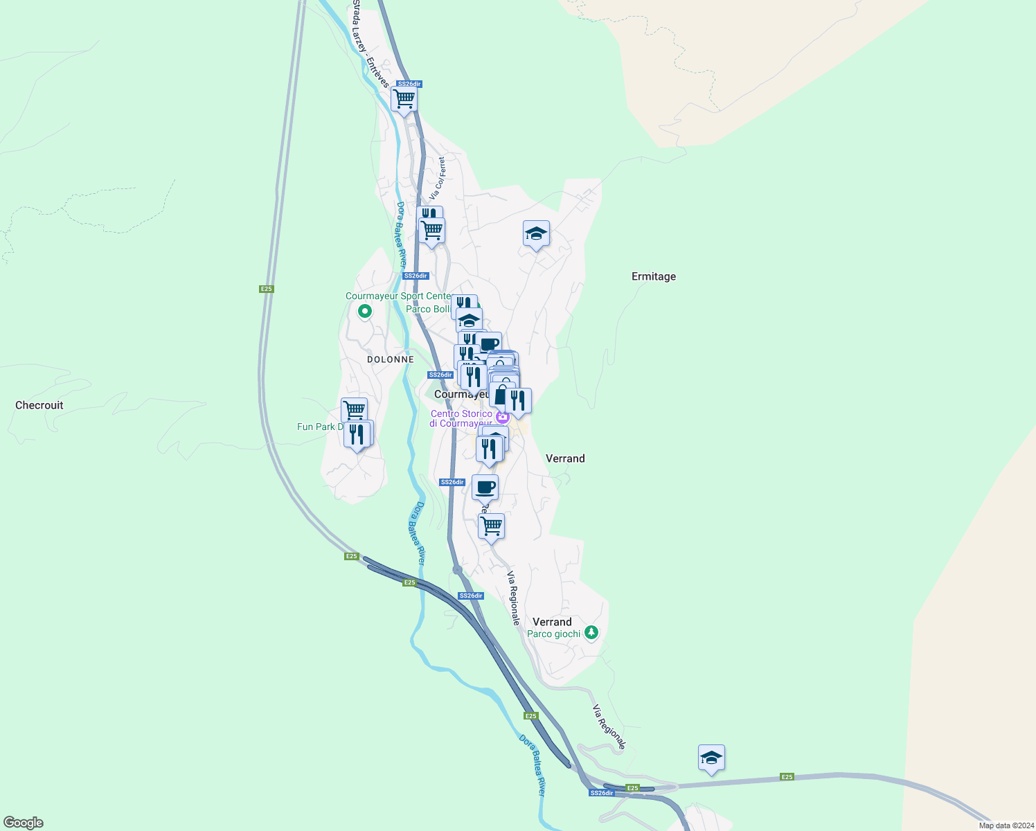 map of restaurants, bars, coffee shops, grocery stores, and more near 34 Via Guglielmo Marconi in Courmayeur