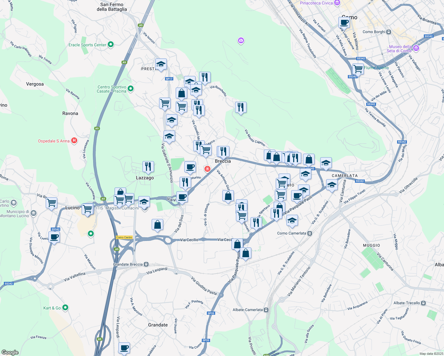 map of restaurants, bars, coffee shops, grocery stores, and more near 2-4 Via Giussani Antonio in Como