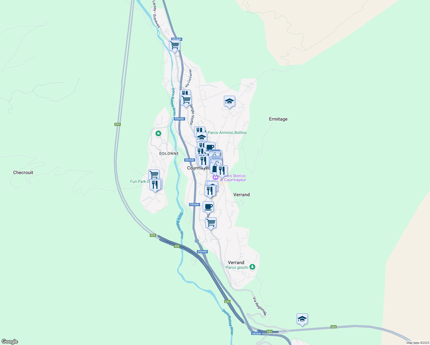 map of restaurants, bars, coffee shops, grocery stores, and more near 5 Via Mario Puchoz in Courmayeur