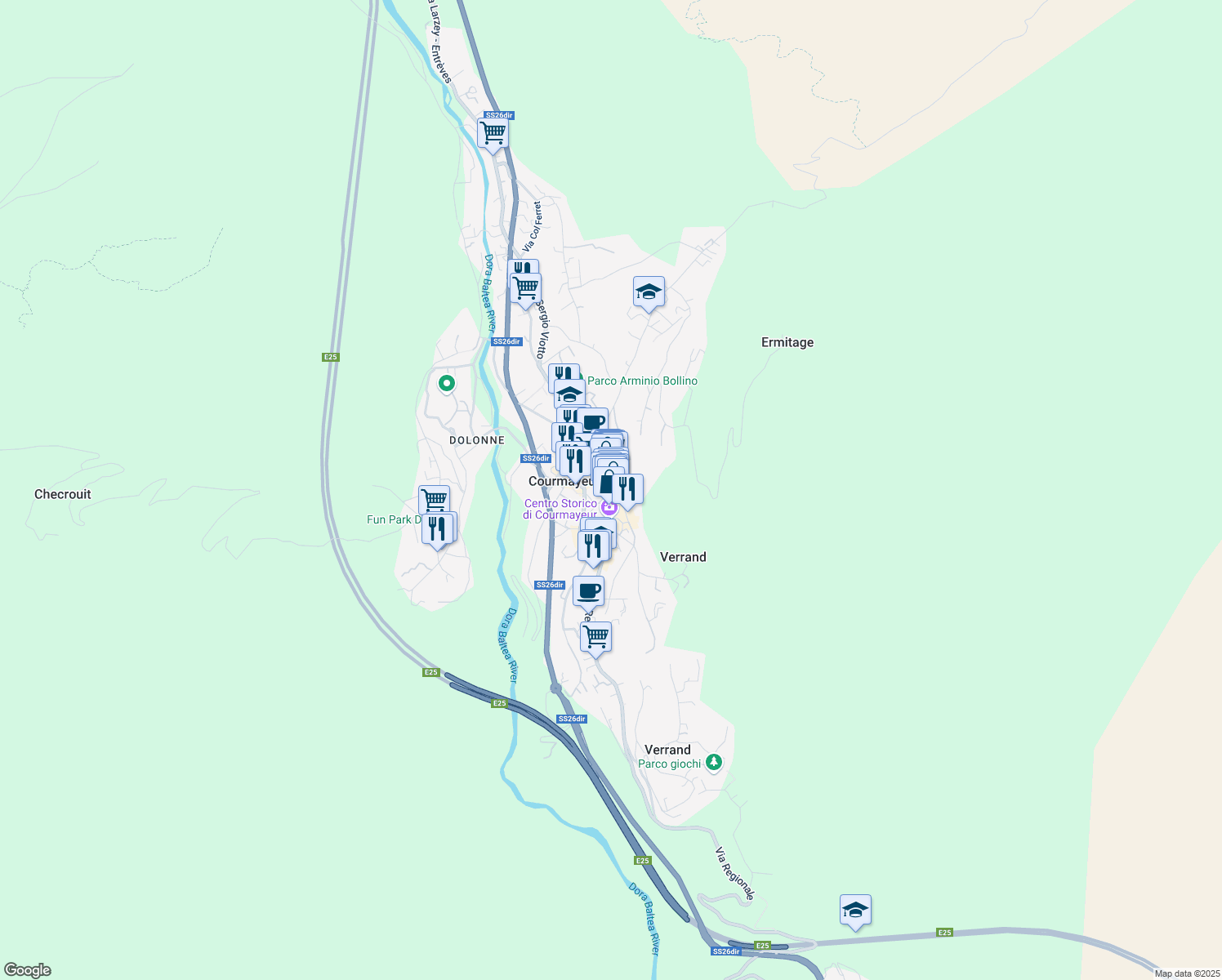 map of restaurants, bars, coffee shops, grocery stores, and more near 5 Via Mario Puchoz in Courmayeur