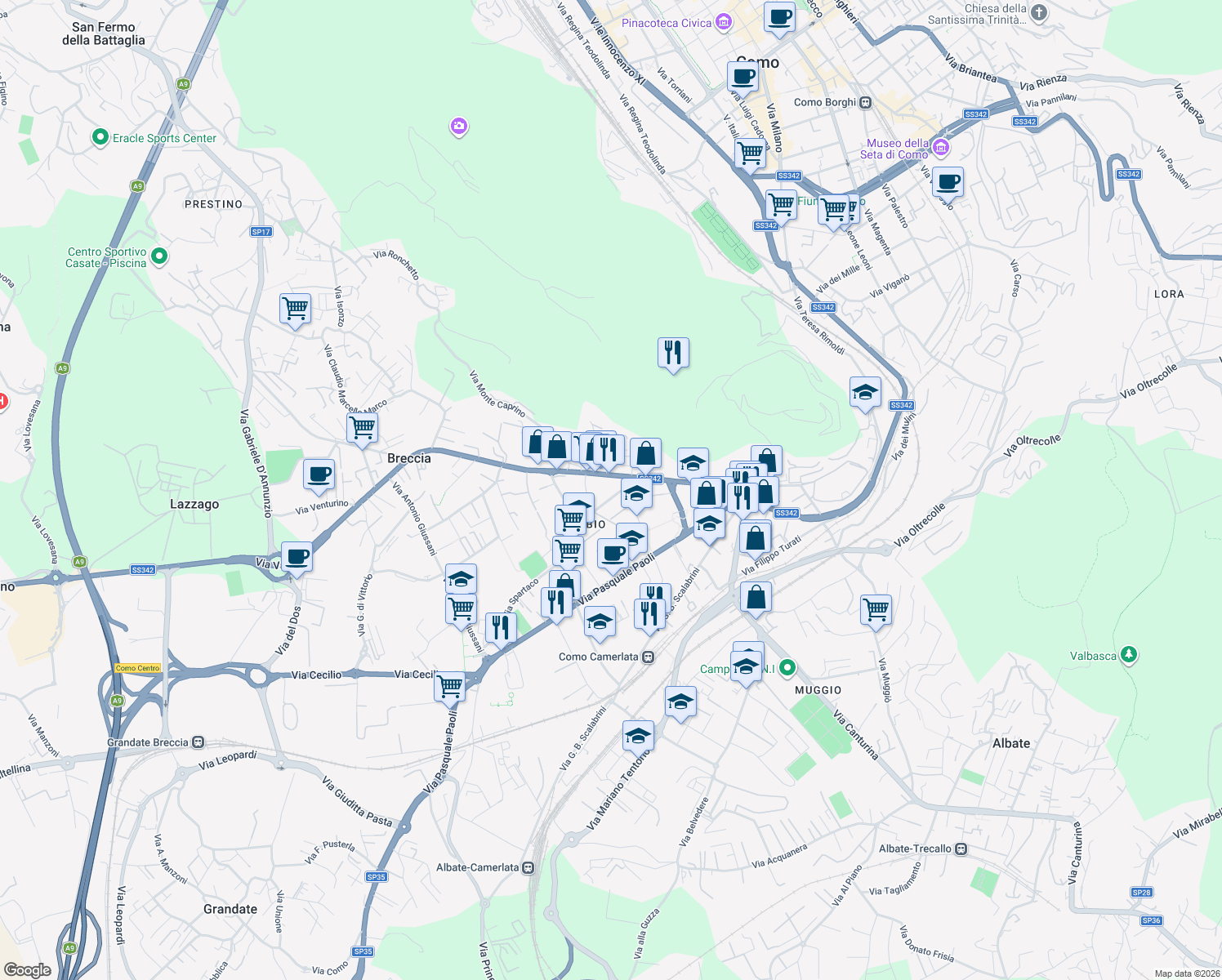 map of restaurants, bars, coffee shops, grocery stores, and more near 6 Via Alebbio in Como