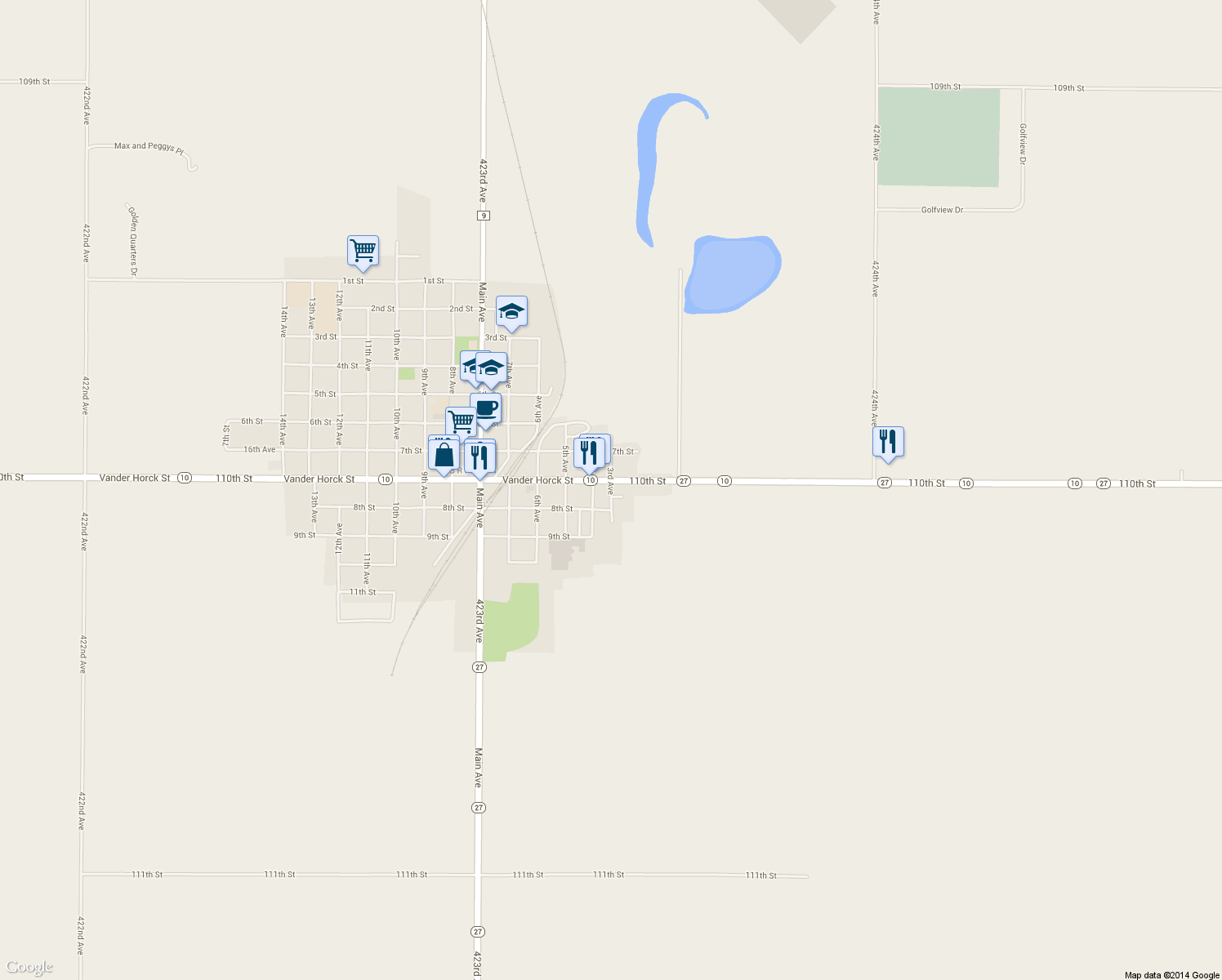 map of restaurants, bars, coffee shops, grocery stores, and more near 3rd Avenue in Britton