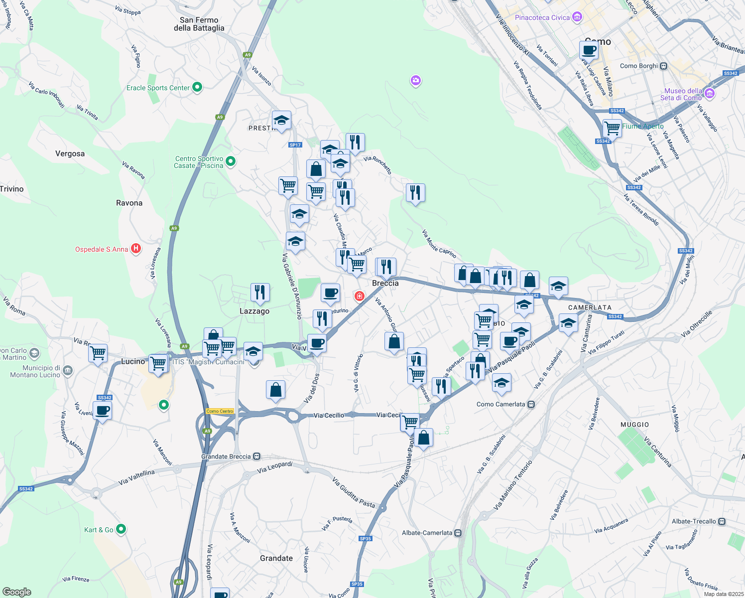 map of restaurants, bars, coffee shops, grocery stores, and more near 2 Via Antonio Giussani in Como