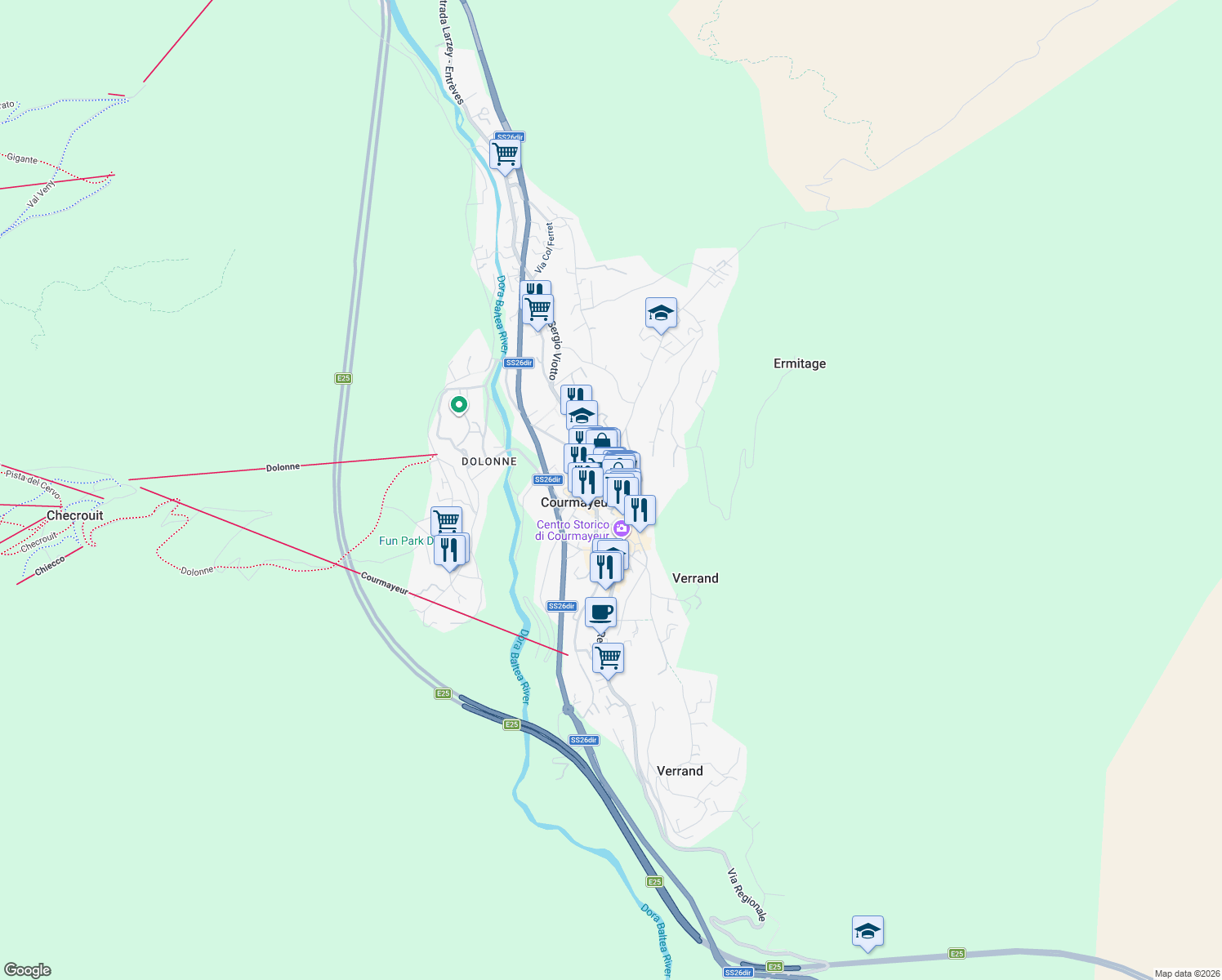 map of restaurants, bars, coffee shops, grocery stores, and more near 3 Via Roma in Courmayeur