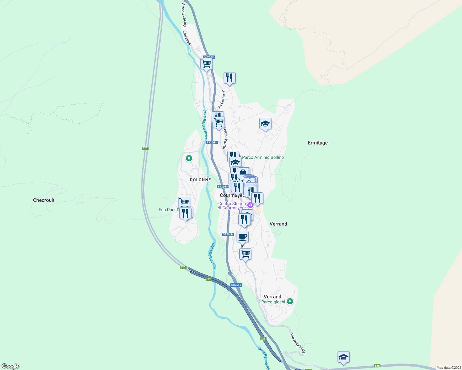 map of restaurants, bars, coffee shops, grocery stores, and more near 106 Via Circonvallazione in Courmayeur