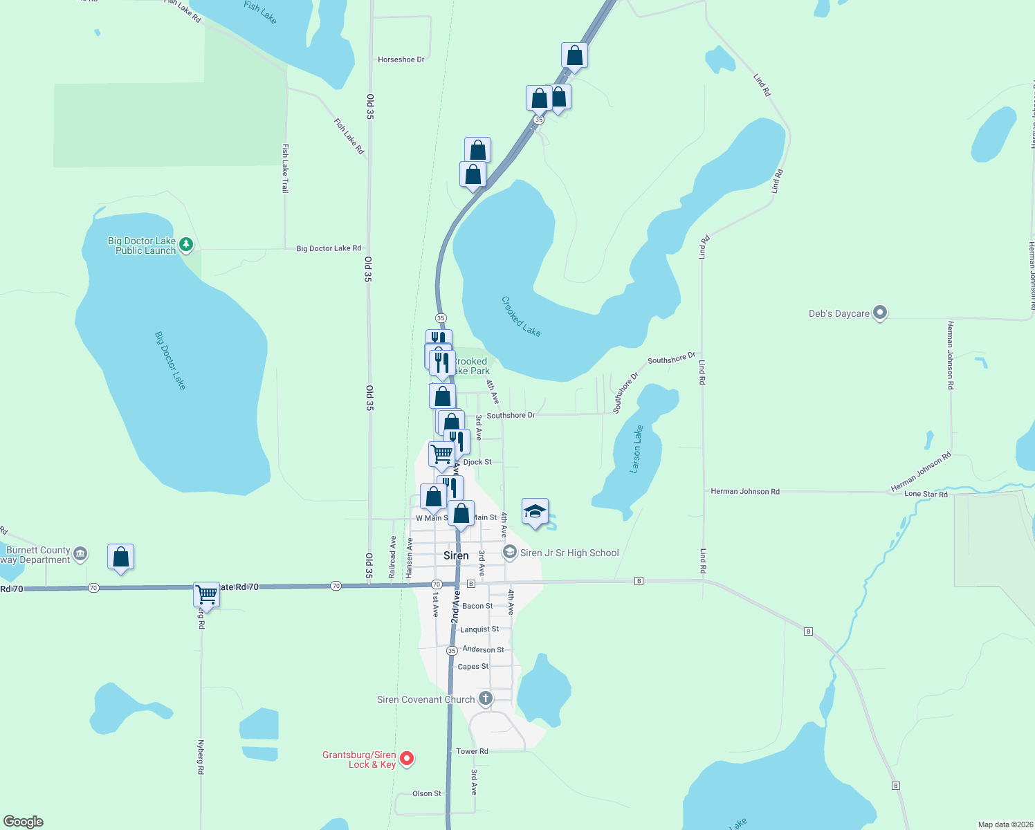 map of restaurants, bars, coffee shops, grocery stores, and more near 7632 Southshore Drive in Siren